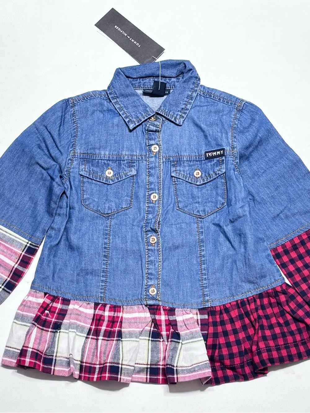 NEW Tommy Hilfiger Girls' Denim & Plaid Peplum Jacket Blue/Red Leggings Set 3T
